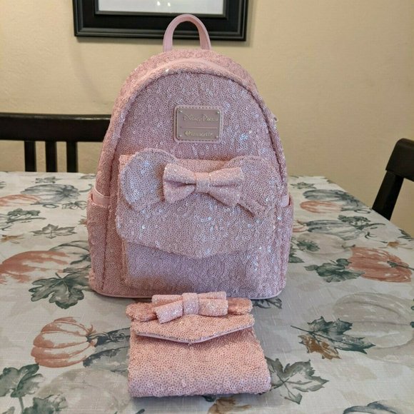 Disney Parks Millennial Pink Sequin Loungefly Backpack and Wallet Set main image 12